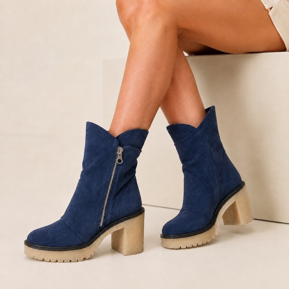 Free People Jack Zip Navy Suede Platform Boots Women 37 Chunky Block Heel Lug